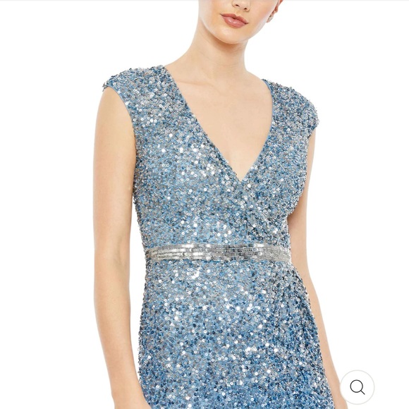 NWT Mac Duggal Gorgeous Blue Goddess Sexy Seqin To The Floor High Slit Gown - Picture 2 of 16